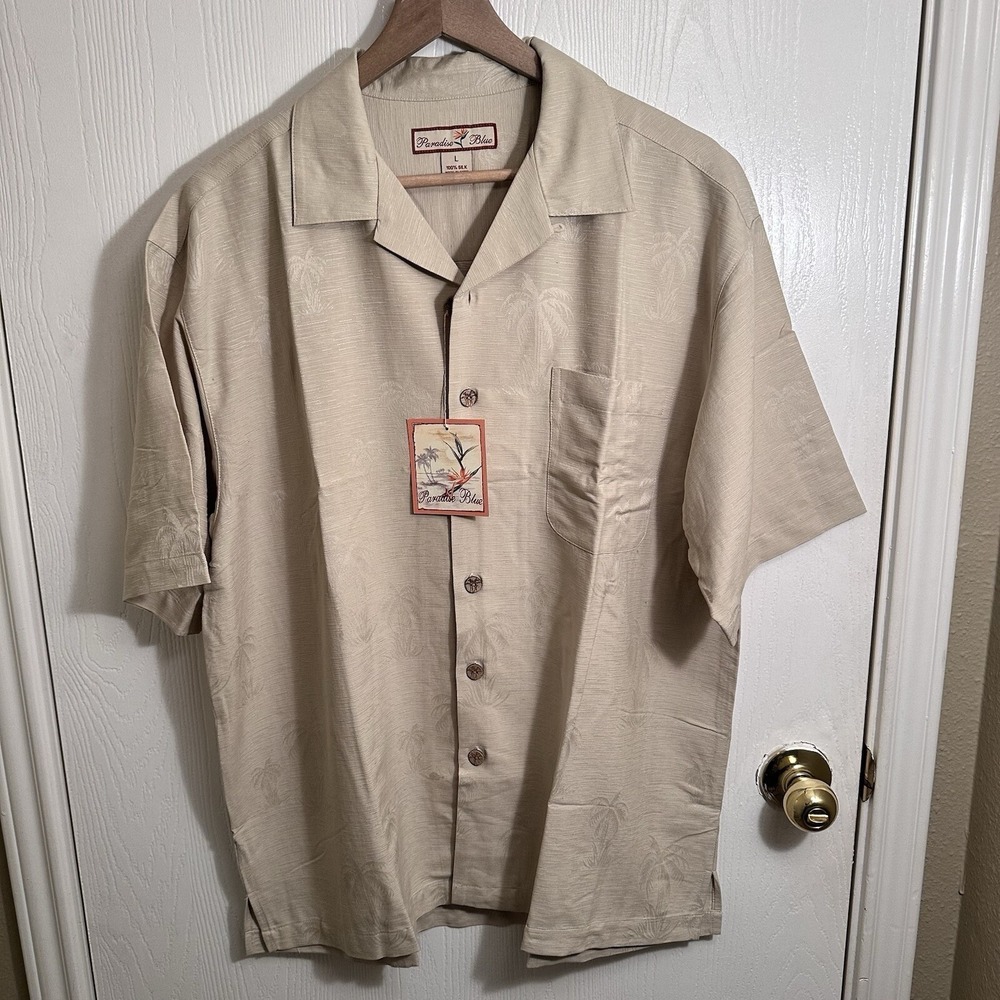 Paradise Blue Kahaki Hawaiian Button Down 100% Silk Size Large New With Tag